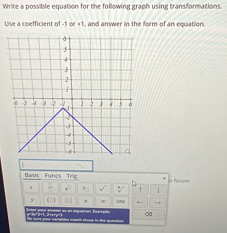 Write a possible equation for the following graph using transformations. 
Use a coefficient of -1 or +1, and answer in the form of an equation. 
Basic Funcs Trig × o forum
x  □ /□   x^(□) x_□  sqrt() sqrt[n]() ↑ ↓
y (□ beginvmatrix □ endvmatrix π ∞ DNE 
Enter your answer as an equation. Example:
y=3x^(wedge)2+1, 2+x+y=3
Be sure your variables match those in the question