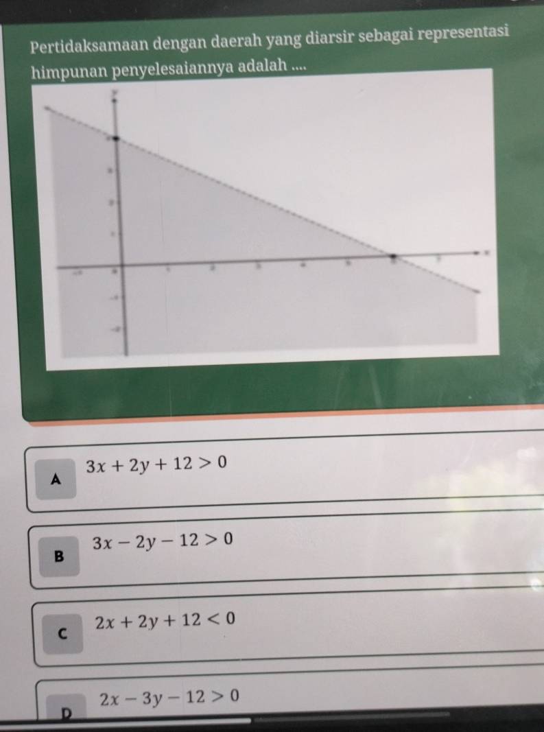 Pertidaksamaan dengan daerah yang diarsir sebagai representasi
himpunan penyelesaiannya adalah ....
3x+2y+12>0
A
3x-2y-12>0
B
C 2x+2y+12<0</tex>
2x-3y-12>0
D