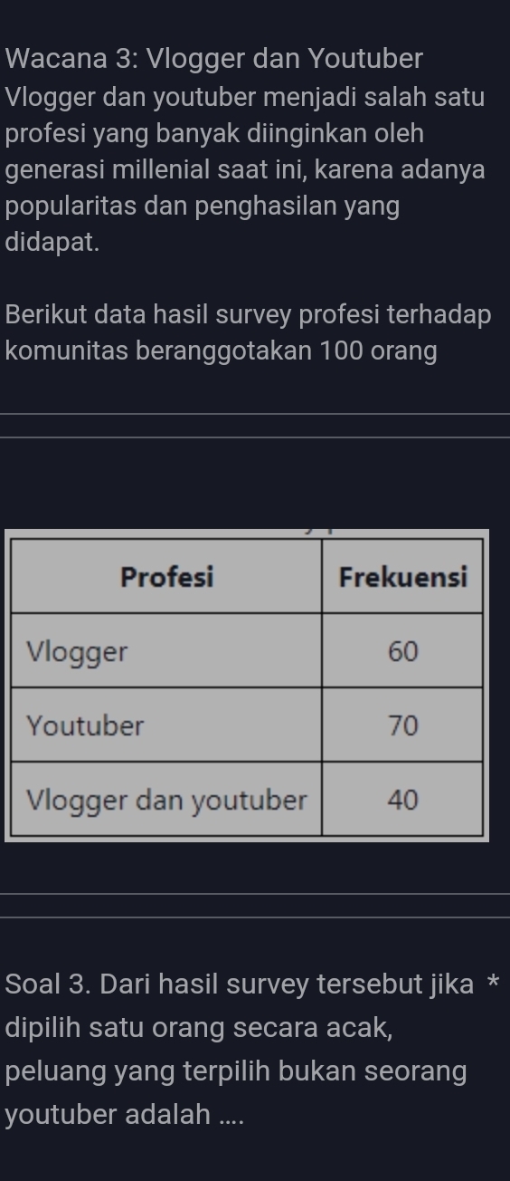 Wacana 3: Vlogger dan Youtuber 
Vlogger dan youtuber menjadi salah satu 
profesi yang banyak diinginkan oleh 
generasi millenial saat ini, karena adanya 
popularitas dan penghasilan yang 
didapat. 
Berikut data hasil survey profesi terhadap 
komunitas beranggotakan 100 orang 
Soal 3. Dari hasil survey tersebut jika * 
dipilih satu orang secara acak, 
peluang yang terpilih bukan seorang 
youtuber adalah ....