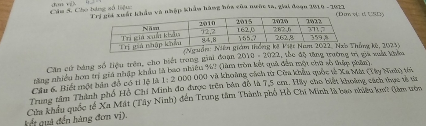 đơn vị). 
Câu 5. Cho bảng số liệu: 
khẩu và nhập khẩu hàng hóa của nước ta, giai đoạn 2010 - 2022 
ị: tỉ USD) 
hống kê, 2023) 
Căn cứ bảng số liệu trên, cho biết trong giai đoạn 1 2010 - 2022, tốc độ tăng trưởng trị giá xuất khẩu 
tăng nhiều hơn trị giá nhập khẩu là bao nhiêu %? (làm tròn kết quả đến một chữ số thập phân). 
Câu 6. Biết một bản đồ có tỉ lệ là 1:2000 2000 và khoảng cách từ Cửa khẩu quốc tế Xa Mát (Tây Ninh) tới 
Trung tâm Thành phố Hồ Chí Minh đo được trên bản đồ là 7,5 cm. Hãy cho biết khoảng cách thực tế từ 
Cửa khẩu quốc tế Xa Mát (Tây Ninh) đến Trung tâm Thành phố Hồ Chí Minh là bao nhiêu km? (làm tròn 
kết quả đến hàng đơn vị).