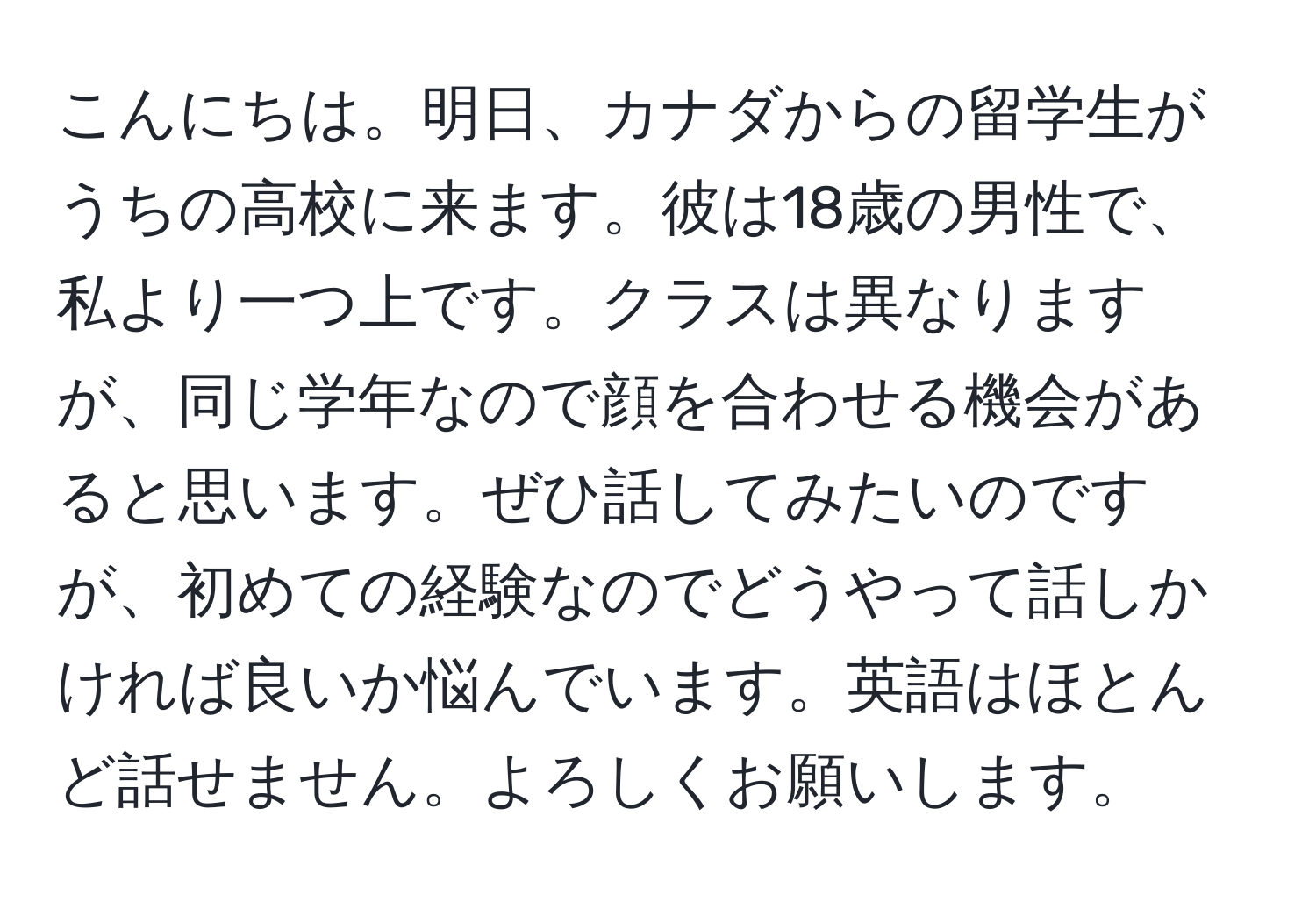 こんにちは。明日、カナダからの留学生がうちの高校に来ます。彼は18歳の男性で、私より一つ上です。クラスは異なりますが、同じ学年なので顔を合わせる機会があると思います。ぜひ話してみたいのですが、初めての経験なのでどうやって話しかければ良いか悩んでいます。英語はほとんど話せません。よろしくお願いします。