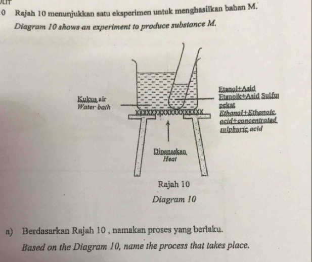 LT 
0 Rajah 10 menunjukkan satu eksperimen untuk menghasilkan bahan M. 
Diagram 10 shows an experiment to produce substance M. 
a) Berdasarkan Rajah 10 , namakan proses yang beriaku. 
Based on the Diagram 10, name the process that takes place.