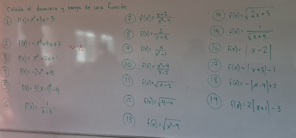 Calcula el dominio y rango de una funcion 
1 f(x)=x^2+3x-5
f(x)= (x+2)/x^2-4 
14 f(x)=sqrt(2x+3)
8 f(x)= 2/x+5 
15 f(x)= 1/sqrt(x+5) 
2 f(x)=-x^2+4x+7 v_x= (-b)/2a 
9 f(x)= x/x^2-1 
16 f(x)=|x-2|
3 f(x)=x^2-2x+1
17 f(x)=|x+3|-1
4 f(x)=-2x^2+5
⑩o f(x)= (x^2-4)/x-2  f(x)=-|x-4|+2
T f(x)=sqrt(x-2)
18 
5 f(x)=3(x-1)^2-4
6 f(x)= 1/x-3 
12 f(x)=sqrt(4-x) 19 f(x)=2|x+1|-3
B f(x)=sqrt(x^2-9)