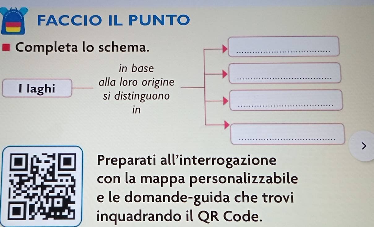 FACCIO IL PUNTO 
Completa lo schema. 
_ 
_ 
in base 
I laghi_ 
alla loro origine_ 
si distinguono 
in 
_ 
_ 
> 
Preparati all’interrogazione 
con la mappa personalizzabile 
e le domande-guida che trovi 
inquadrando il QR Code.