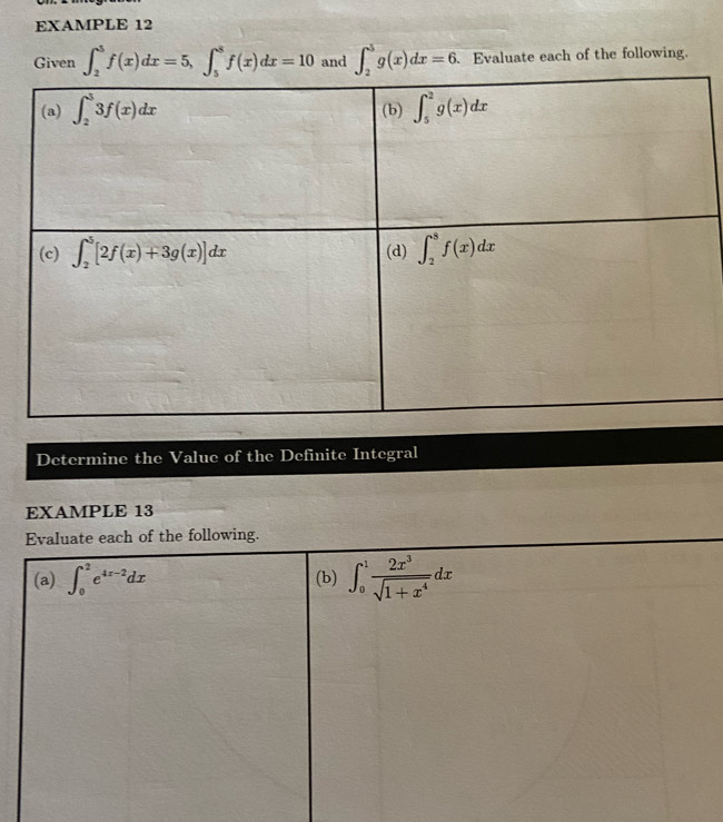 EXAMPLE 12
Given ∈t _2^(3f(x)dx=5,∈t _5^8f(x)dx=10 and ∈t _2^3g(x)dx=6. Evaluate each of the following.
Determine the Value of the Definite Integral
EXAMPLE 13
Evaluate each of the following.
(a) ∈t _0^2e^4x-2)dx (b) ∈t _0^(1frac 2x^3)sqrt(1+x^4)dx