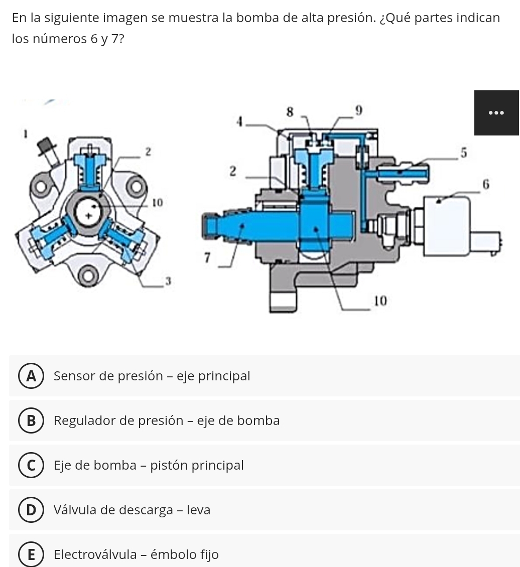 En la siguiente imagen se muestra la bomba de alta presión. ¿Qué partes indican
los números 6 y 7?
A ) Sensor de presión - eje principal
B ) Regulador de presión - eje de bomba
C  Eje de bomba - pistón principal
D Válvula de descarga - leva
E ) Electroválvula - émbolo fijo