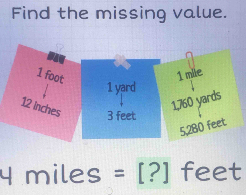 Find the missing value.
4 miles =[?]feet