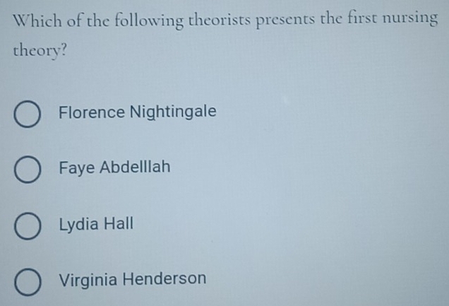 Which of the following theorists presents the first nursing
theory?
Florence Nightingale
Faye Abdelllah
Lydia Hall
Virginia Henderson