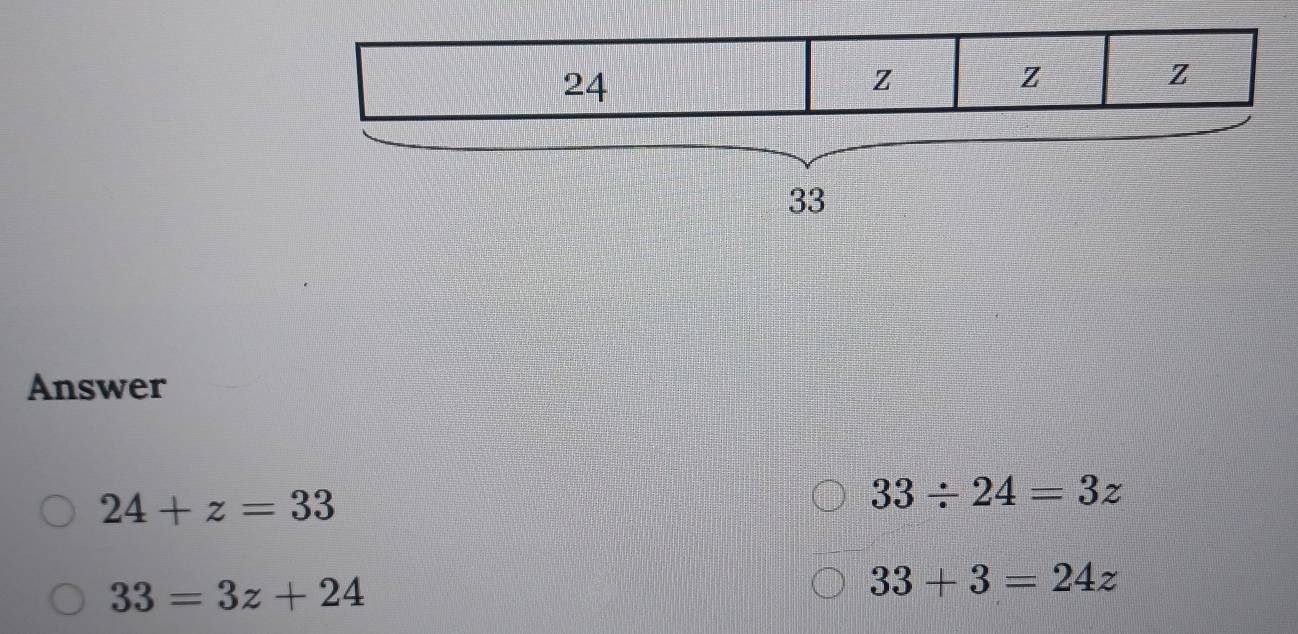 Answer
24+z=33
33/ 24=3z
33=3z+24
33+3=24z