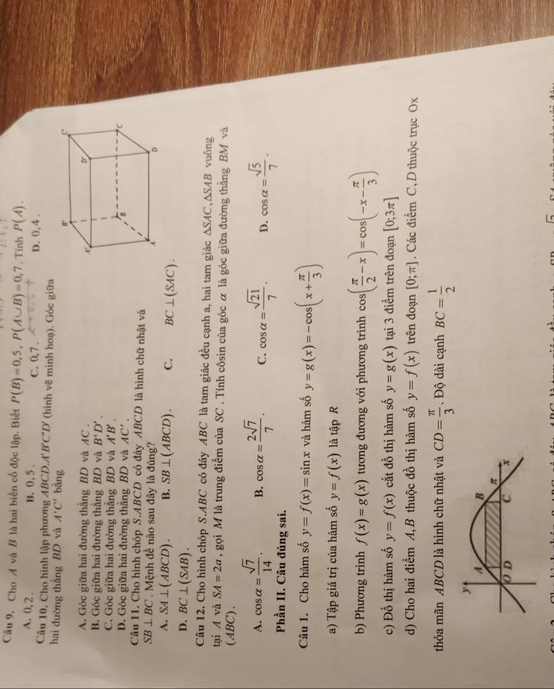 Cho A và B là hai biển cổ độc lập. Biết P(B)=0,5,P(A∪ B)=0,7. Tinh P(A).
A. 0, 2 , B. 0, 5 . C. 0,7 .
D. 0, 4 .
Câu 10. Cho hình lập phương ABCD.A'B'C'D' (hình vẽ minh hoạ). Góc giữa
hai đường thẳng BD và A'C' bāng
A. Góc giữa hai đường thẳng BD và AC .
B. Góc giữa hai đường thẳng BD và B'D'.
C. Góc giữa hai đường thắng BD và A'B'.
D. Góc giữa hai đường thắng BD và AC'.
Câu 11. Cho hình chóp S.ABCD có đáy ABCD là hình chữ nhật và
SB⊥ BC. Mệnh đề nào sau đây là đúng?
A. SA⊥ (ABCD). B. SB⊥ (ABCD). C. BC⊥ (SAC).
D. BC⊥ (SAB).
Câu 12. Cho hình chóp S.ABC có đáy ABC là tam giác đều cạnh a, hai tam giác △ SAC,△ SAB vuông
tại A và SA=2a , gọi M là trung điểm của SC . Tính côsin của góc α là góc giữa đường thẳng BM và
(ABC).
A. cos alpha = sqrt(7)/14 . B. cos alpha = 2sqrt(7)/7 . C. cos alpha = sqrt(21)/7 . D. cos alpha = sqrt(5)/7 .
Phần II. Câu đúng sai.
Câu 1. Cho hàm số y=f(x)=sin x và hàm số y=g(x)=-cos (x+ π /3 )
a) Tập giá trị của hàm số y=f(x) là tập R
b) Phương trình f(x)=g(x) tương đương với phương trình cos ( π /2 -x)=cos (-x- π /3 )
c) Đồ thị hàm số y=f(x) cắt đồ thị hàm số y=g(x) tại 3 điểm trên đoạn [0;3π ]
d) Cho hai điểm A,B thuộc đồ thị hàm số y=f(x) trên đoạn [0;π ]. Các điểm C, D thuộc trục Ox
thỏa mãn ABCD là hình chữ nhật và CD= π /3 . Độ dài cạnh BC= 1/2 