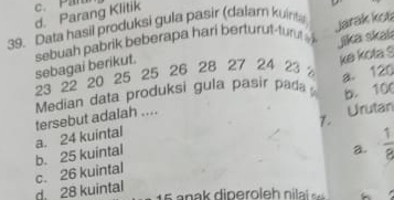 d. Parang Klitik c. Par
39. Data hasil produksi gula pasir (dalam kuinta
jika skaí
sebagai berikut. sebuah pabrik beberapa hari berturut-turu Jarak kot
ke kota
23 22 20 25 25 26 28 27 24 23
b. 10
tersebut adalah .... Median data produksi gula pasir pada a. 120
7. Urutan
a.  1/8 
b. 25 kuintal a. 24 kuintal
d. 28 kuintal c. 26 kuintal