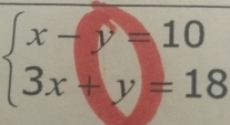 beginarrayl x-y=10 3x-y=18endarray.