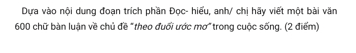 Dựa vào nội dung đoạn trích phần Đọc- hiểu, anh/ chị hãy viết một bài văn
600 chữ bàn luận về chủ đề "theo đuổi ước mơ” trong cuộc sống. (2 điểm)