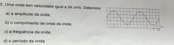 Uma onda tem velocidade igual a 24 cm/s. Determine: 
a) a amplitude da onda; 
b) o comprimento de onda da onda; 
c) a freqüência da onda; 
d) o periodo da onda.