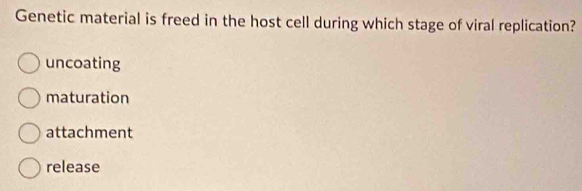 Genetic material is freed in the host cell during which stage of viral replication?
uncoating
maturation
attachment
release