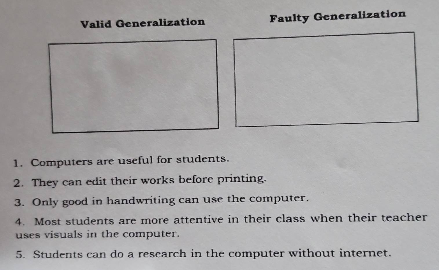 Valid Generalization Faulty Generalization 
1. Computers are useful for students. 
2. They can edit their works before printing. 
3. Only good in handwriting can use the computer. 
4. Most students are more attentive in their class when their teacher 
uses visuals in the computer. 
5. Students can do a research in the computer without internet.