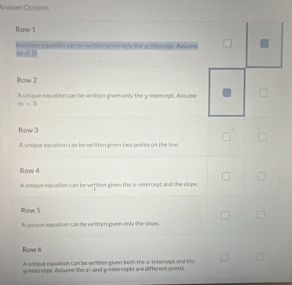 Answer Options
Row 1
A unique equation can be written given only the pintercept. Assume
mc s6 0
Row 2
A unique equation can be written given only the y-intercept. Assume
m=0.
Row 3
A unique equation can be written given two points on the line.
Row 4
□ j
A unique equation can be wrtten given the z -intercept and the slope.
Row 5
A unique equation can be written given only the slope.
Row 6
A unique equation can be written given both the x-intercept and the □ □ 
y-intercept. Assume the x - and y-intercepts are different points.