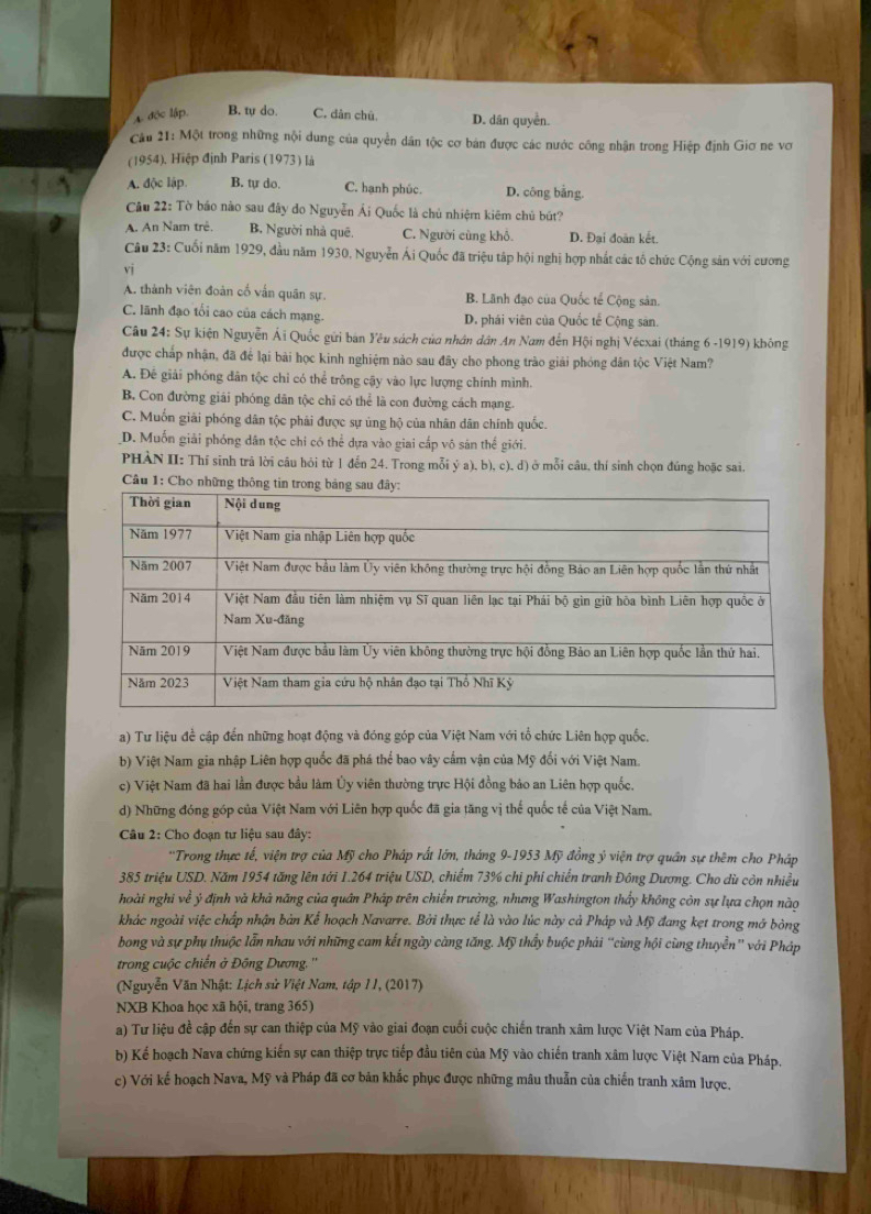 4. độc lập. B. tự do. C. dân chū D. dân quyền.
Cầu 21: Một trong những nội dung của quyền dân tộc cơ bán được các nước công nhận trong Hiệp định Giơ ne vơ
(1954). Hiệp định Paris (1973) là
A. độc lập B. tự do C. hạnh phúc. D. công bằng.
Câu 22: Tờ báo nào sau đây do Nguyễn Ái Quốc là chủ nhiệm kiêm chủ bút?
A. An Nam trẻ. B. Người nhà quē. C. Người cùng khỏ. D. Đại đoàn kết.
Câu 23: Cuối năm 1929, đầu năm 1930. Nguyễn Ái Quốc đã triệu tập hội nghị hợp nhất các tổ chức Cộng sản với cương
vī
A. thành viên đoàn cổ vấn quân sự. B. Lãnh đạo của Quốc tế Cộng sản.
C. lãnh đạo tổi cao của cách mạng. D. phái viên của Quốc tế Cộng sân.
Câu 24: Sự kiện Nguyễn Ái Quốc gửi ban Yêu sách của nhân dân An Nam đến Hội nghị Vécxai (tháng 6 -1919) không
được chấp nhận, đã để lại bài học kinh nghiệm nào sau đây cho phong trào giải phóng dân tộc Việt Nam?
A. Đế giải phóng dân tộc chỉ có thể trông cậy vào lực lượng chính mình.
B. Con đường giải phóng dân tộc chỉ có thể là con đường cách mạng.
C. Muốn giải phóng dân tộc phải được sự ủng hộ của nhân dân chính quốc.
D. Muốn giải phóng dân tộc chi có thể dựa vào giai cấp vô sản thể giới.
PHÀN II: Thí sinh trả lời câu hỏi từ 1 đến 24. Trong mỗi ý a), b), c). d) ở mỗi câu, thí sinh chọn đúng hoặc sai.
Câu 1: Ch
a) Tư liệu đề cập đến những hoạt động và đóng góp của Việt Nam với tổ chức Liên hợp quốc,
b) Việt Nam gia nhập Liên hợp quốc đã phá thể bao vây cẩm vận của Mỹ đối với Việt Nam.
c) Việt Nam đã hai lần được bầu làm Ủy viên thường trực Hội đồng bảo an Liên hợp quốc.
d) Những đóng góp của Việt Nam với Liên hợp quốc đã gia tăng vị thế quốc tế của Việt Nam.
Câu 2: Cho đoạn tư liệu sau đây:
''Trong thực tế, viện trợ của Mỹ cho Pháp rất lớn, tháng 9-1953 Mỹ đồng ý viện trợ quân sự thêm cho Pháp
385 triệu USD. Năm 1954 tăng lên tới 1.264 triệu USD, chiếm 73% chi phí chiến tranh Đông Dương. Cho dù còn nhiều
hoài nghi về ý định và khả năng của quân Pháp trên chiến trường, nhưng Washington thấy không còn sự lựa chọn nào
khác ngoài việc chấp nhận bản Kể hoạch Navarre. Bởi thực tể là vào lúc này cả Pháp và Mỹ đang kẹt trong mở bóng
bong và sự phụ thuộc lẫn nhau với những cam kết ngày càng tăng. Mỹ thầy buộc phái ''cùng hội cùng thuyển'' với Pháp
trong cuộc chiến ở Đông Dương. ''
(Nguyễn Văn Nhật: Lịch sử Việt Nam, tập II, (2017)
NXB Khoa học xã hội, trang 365)
a) Tư liệu đề cập đến sự can thiệp của Mỹ vào giai đoạn cuối cuộc chiến tranh xâm lược Việt Nam của Pháp.
b) Kế hoạch Nava chứng kiến sự can thiệp trực tiếp đầu tiên của Mỹ vào chiến tranh xâm lược Việt Nam của Pháp.
c) Với kế hoạch Nava, Mỹ và Pháp đã cơ bản khắc phục được những mâu thuẫn của chiến tranh xâm lược.