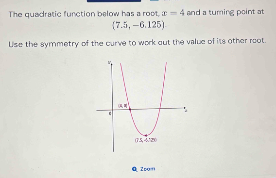 The quadratic function below has a root, x=4 and a turning point at
(7.5,-6.125).
Use the symmetry of the curve to work out the value of its other root.
Zoom