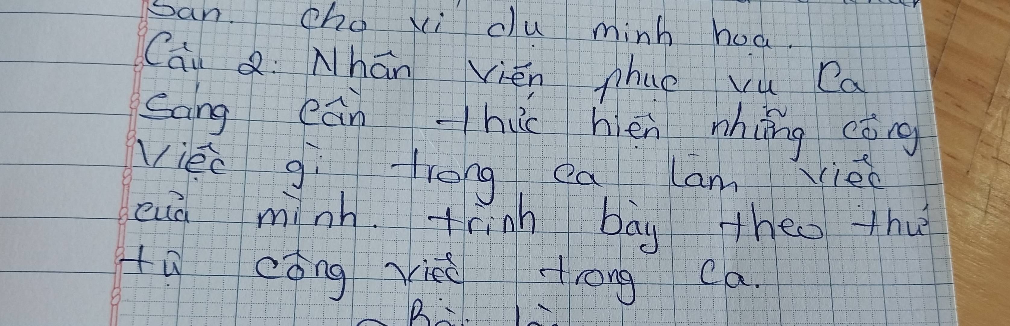 san. cho xi clu minh hod. 
Cāi Q Nhán Vién Thue vu Ca 
sang eānThuc hién hhāng cāng 
viec gi tong dalan iè 
eng minh thinh bāg theo the 
tā cóng ié strong ca 
A