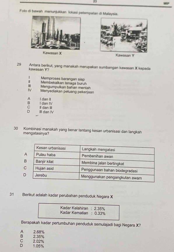 MP
Foto di bawah menunjukkan lokasi petempatan di Mallaysia.
Kawasan Y
29 Antara berikut, yang manakah merupakan sumbangan kawasan X kepada
kawasan Y?
| Memproses barangan siap
Membekalkan tenaga buruh
II Mengumpulkan bahan mentah
IV Menyediakan peluang pekerjaan
A I dan II
B I dan IV
C II dan III
D III dan IV
30 Kombinasi manakah yang benar tentang kesan urbanisasi dan langkah
mengatasinya?
31 Berikut adalah kadar perubahan penduduk Negara X
Kadar Kelahiran : 2.35%
Kadar Kematian : 0.33%
Berapakah kadar pertumbuhan penduduk semulajadi bagi Negara X?
A 2.68%
B 2.35%
C 2.02%
D 1.05%