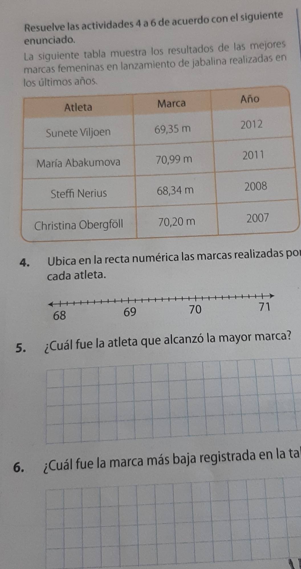 Resuelve las actividades 4 a 6 de acuerdo con el siguiente 
enunciado. 
La siguiente tabla muestra los resultados de las mejores 
marcas femeninas en lanzamiento de jabalina realizadas en 
últimos años. 
4. Ubica en la recta numérica las marcas realizadas por 
cada atleta. 
5. ¿Cuál fue la atleta que alcanzó la mayor marca? 
6. ¿Cuál fue la marca más baja registrada en la ta