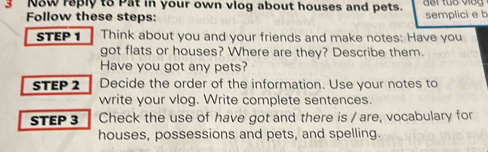 Now reply to Pat in your own vlog about houses and pets. 
Follow these steps: semplici e b 
STEP 1 Think about you and your friends and make notes: Have you 
got flats or houses? Where are they? Describe them. 
Have you got any pets? 
STEP 2 Decide the order of the information. Use your notes to 
write your vlog. Write complete sentences. 
STEP 3 Check the use of have got and there is / are, vocabulary for 
houses, possessions and pets, and spelling.