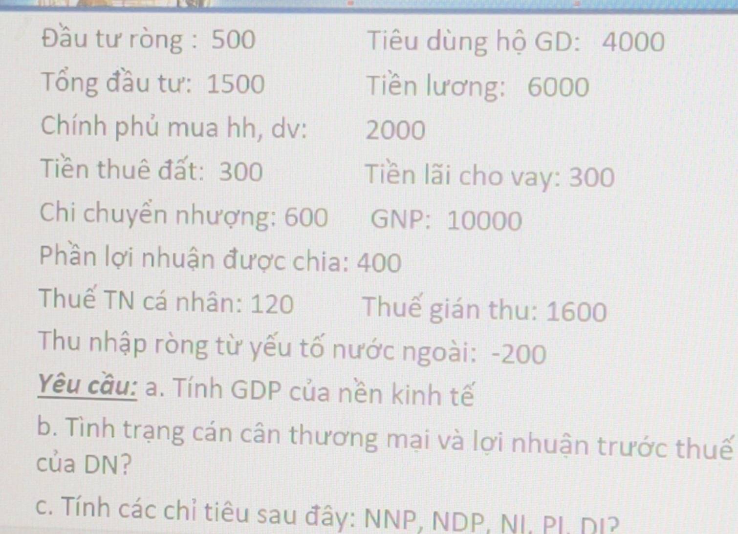 Đầu tư ròng : 500 Tiêu dùng hộ GD: 4000
Tổng đầu tư: 1500 Tiền lương: 6000
Chính phủ mua hh, dv: 2000
Tiền thuê đất: 300 Tiền lãi cho vay: 300
Chi chuyển nhượng: 600 GNP: 10000
Phần lợi nhuận được chia: 400
Thuế TN cá nhân: 120 Thuế gián thu: 1600
Thu nhập ròng từ yếu tố nước ngoài: -200
Yêu cầu: a. Tính GDP của nền kinh tế 
b. Tình trạng cán cân thương mại và lợi nhuận trước thuế 
của DN? 
c. Tính các chỉ tiêu sau đây: NNP, NDP, NI, PI, DI?