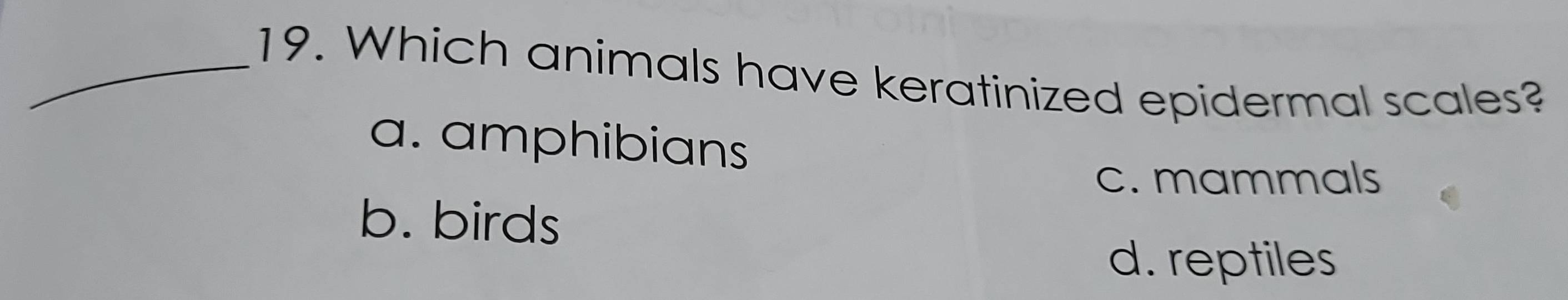 Which animals have keratinized epidermal scales?
a. amphibians
c. mammals
b. birds
d. reptiles