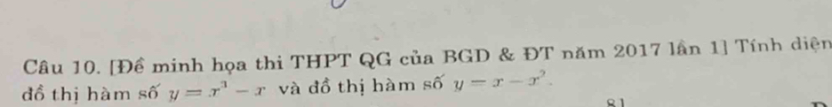 [Đề minh họa thi THPT QG của BGD & ĐT năm 2017 lần 1] Tính diện
đồ thị hàm số y=x^3-x và đồ thị hàm số y=x-x^2.