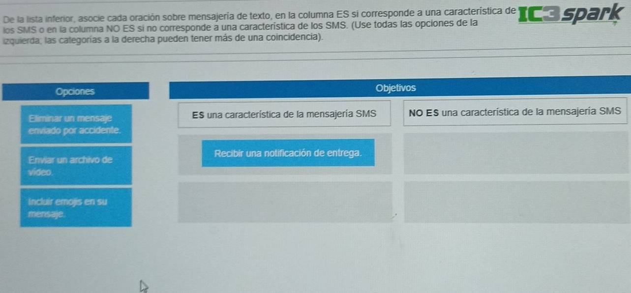 De la lista inferior, asocie cada oración sobre mensajería de texto, en la columna ES si corresponde a una característica de IC3 spark 
los SMS o en la columna NO ES si no corresponde a una característica de los SMS. (Use todas las opciones de la 
izquierda; las categorías a la derecha pueden tener más de una coincidencía). 
Opciones Objetivos 
Eliminar un mensaje ES una característica de la mensajería SMS NO ES una característica de la mensajería SMS 
enviado por accidente. 
Recibir una notificación de entrega. 
Enviar un archivo de 
video. 
incluir emojis en su 
mensaje