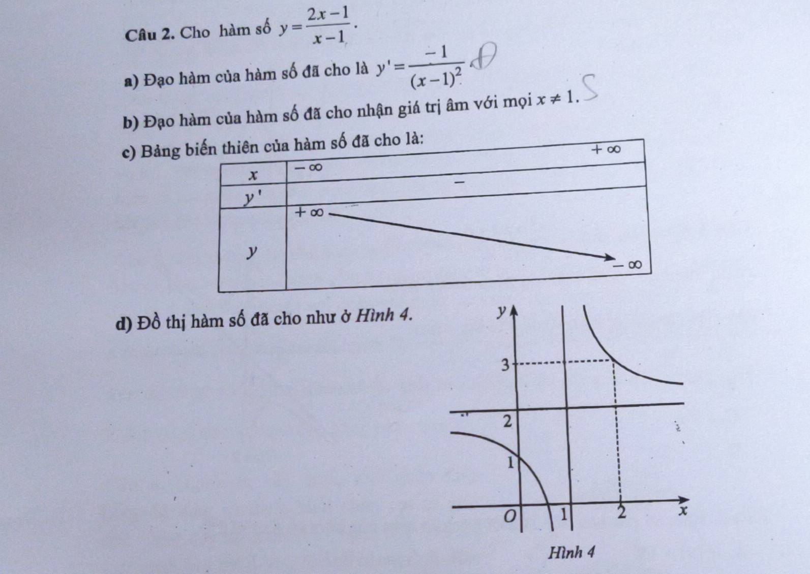 Cho hàm số y= (2x-1)/x-1 .
a) Đạo hàm của hàm số đã cho là y'=frac -1(x-1)^2
b) Đạo hàm của hàm số đã cho nhận giá trị âm với mọi x!= 1.
c) Bảng
d) Đồ thị hàm số đã cho như ở Hình 4.