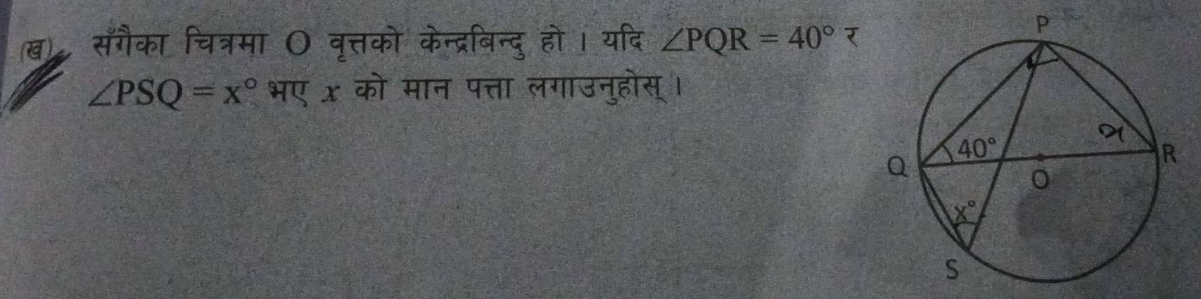 (ख), सँगैका चित्रमा O वृत्तको केन्द्रबिन्दु हो। यदि ∠ PQR=40°
∠ PSQ=x° भए x को मान पत्ता लगाउनुहोस् ।