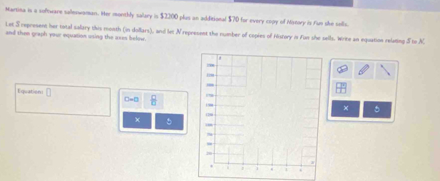 Martina is a software saleswoman. Her monthly salary is $2200 plus an additional $70 for every copy of History is Fun she sells 
Let S represent her total salary this month (in dollars), and let N represent the number of copies of History is Fun she sells. Write an equation relating S to N. 
and then graph your equation using the axes below. 
Equation □
□ =□  □ /□  
× 
5 
× 5