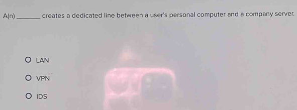 A(n) _creates a dedicated line between a user's personal computer and a company server.
LAN
VPN
IDS