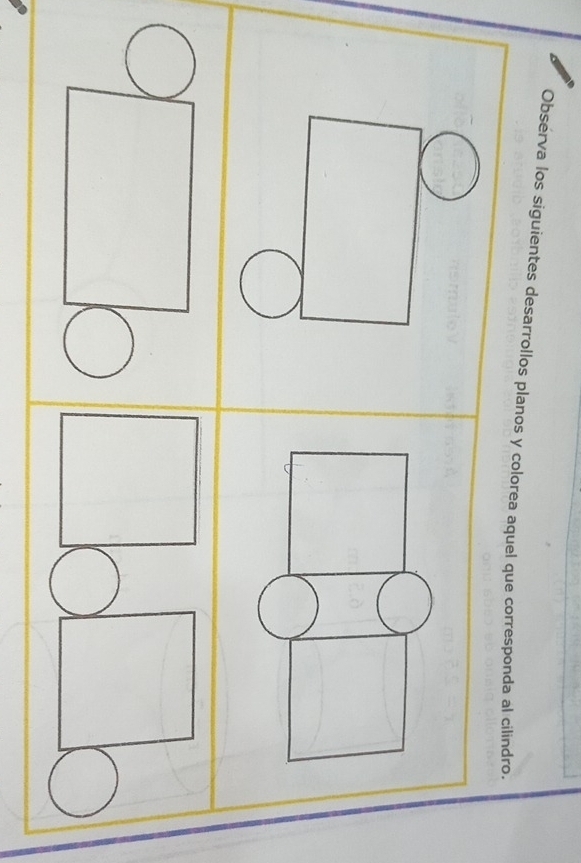 Obsérva los siguientes desarrollos planos y colorea aquel que corresponda al cilindro.