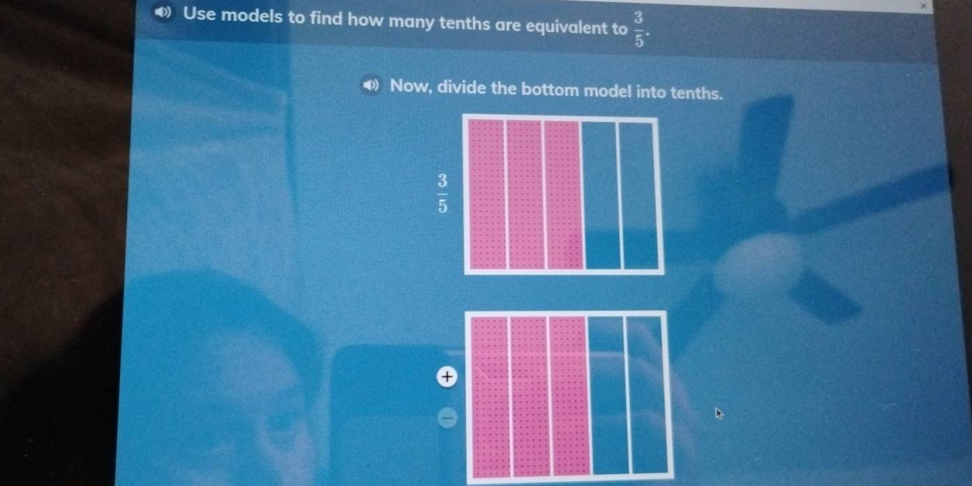 Use models to find how many tenths are equivalent to  3/5 .
Now, divide the bottom model into tenths.