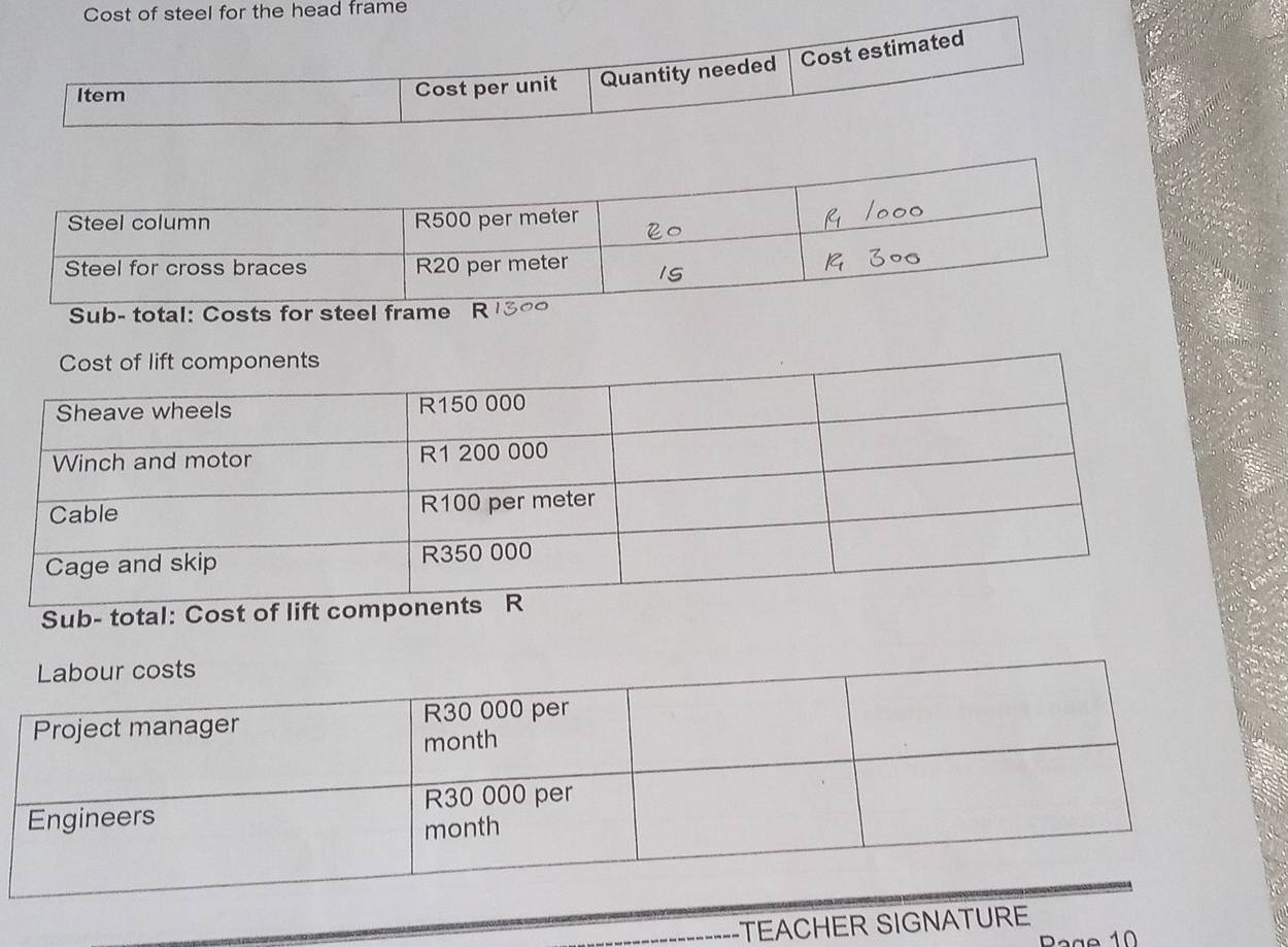 Cost of steel for the head frame 
Sub- total: Costs for steel frame 
Sub- total: Cost of lift com 
TEACHER SIGNATURE 
ag e 10