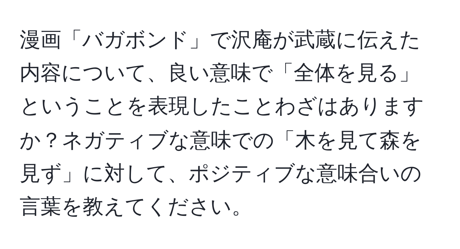 漫画「バガボンド」で沢庵が武蔵に伝えた内容について、良い意味で「全体を見る」ということを表現したことわざはありますか？ネガティブな意味での「木を見て森を見ず」に対して、ポジティブな意味合いの言葉を教えてください。