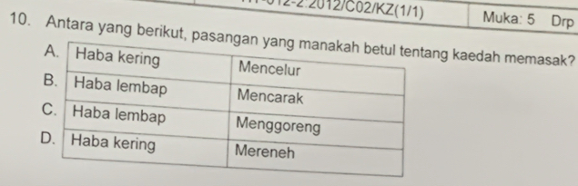 12-2:2012/C02/KZ(1/1) Muka: 5 Drp 
10. Antara yang berikut, pasanng kaedah memasak?