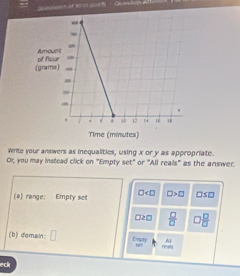 Chestond of 90 a nodt Question Attem 
Write your answers as inequalities, using x or y as appropriate. 
Or, you may instead click on "Empty set" or "All reals" as the answer. 
(a) range: Empty set
□ □ >□ □ ≤ □
□ ≥ □  □ /□   □  □ /□  
(b) domain: □ reals All 
Empty 
set 
eck