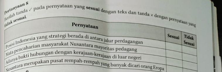 Pertanyaan 8
h tanda ✓ pada pernyataan yang sesuai dengan teks dan tan 
Nu