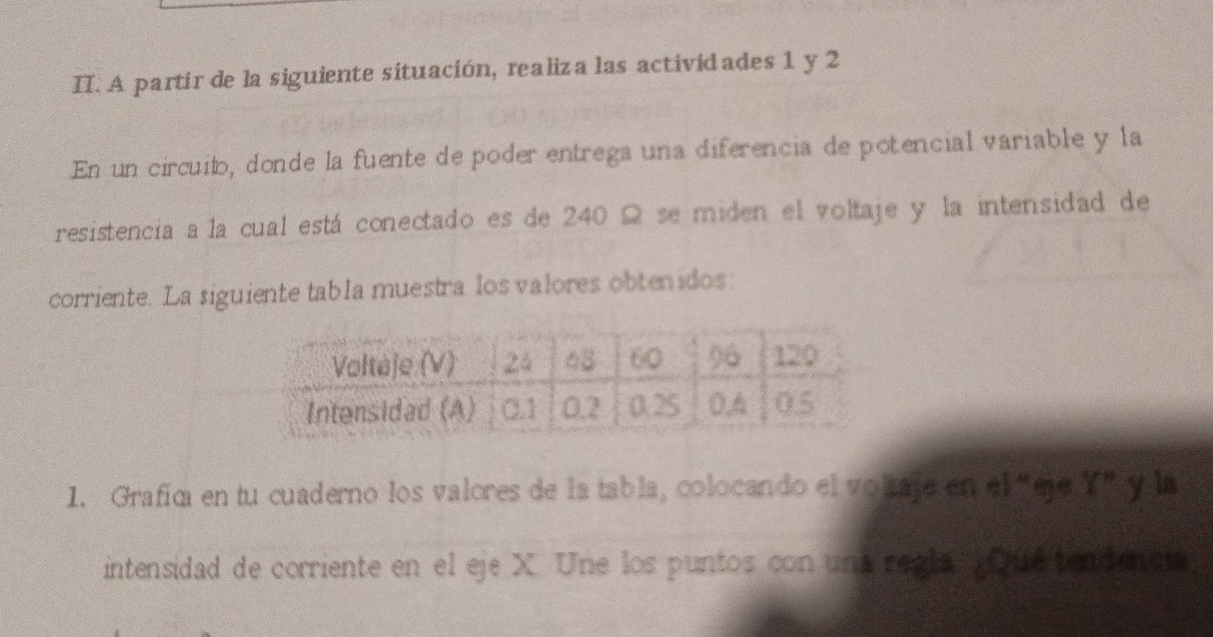 A partir de la siguiente situación, realiza las actividades 1 y 2 
En un circuito, donde la fuente de poder entrega una diferencia de potencial variable y la 
resistencia a la cual está conectado es de 240 Ω se miden el voltaje y la intensidad de 
corriente. La siguiente tabla muestra los valores obtenidos: 
1. Grafic en tu cuaderno los valores de la tabla, colocando el volaje en elcje Y' y la 
intensidad de corriente en el eje X. Une los puntos con una regla Qué tendencia