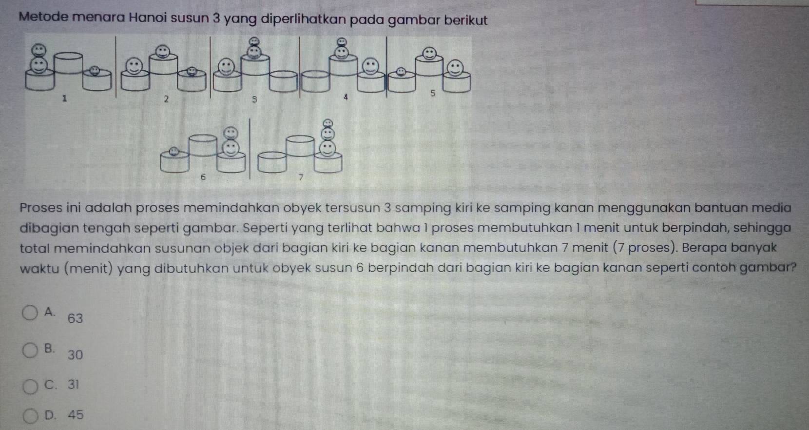 Metode menara Hanoi susun 3 yang diperlihatkan pada gambar berikut
6
Proses ini adalah proses memindahkan obyek tersusun 3 samping kiri ke samping kanan menggunakan bantuan media
dibagian tengah seperti gambar. Seperti yang terlihat bahwa 1 proses membutuhkan 1 menit untuk berpindah, sehingga
total memindahkan susunan objek dari bagian kiri ke bagian kanan membutuhkan 7 menit (7 proses). Berapa banyak
waktu (menit) yang dibutuhkan untuk obyek susun 6 berpindah dari bagian kiri ke bagian kanan seperti contoh gambar?
A. 63
B. 30
C. 31
D. 45