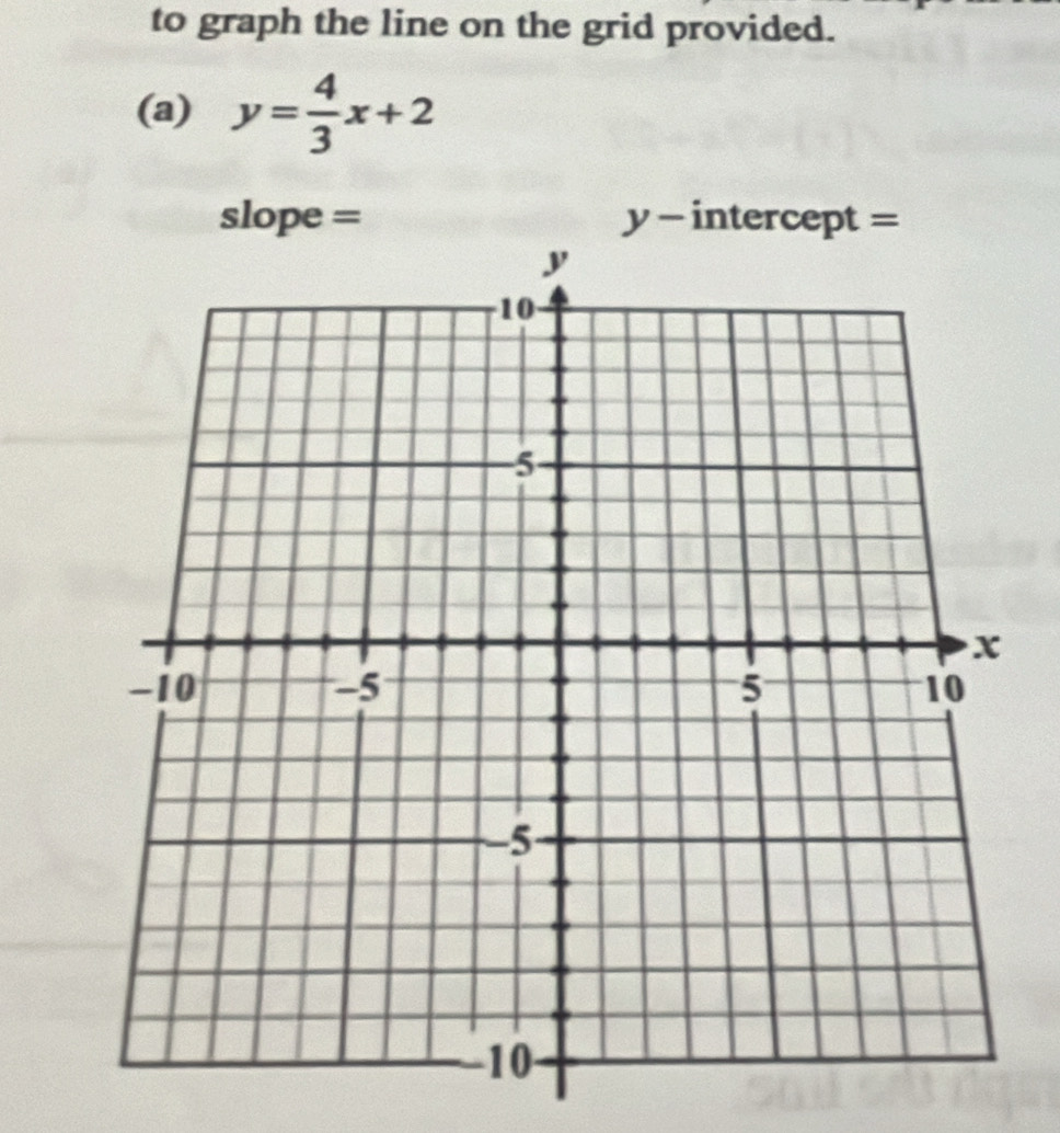 to graph the line on the grid provided. 
(a) y= 4/3 x+2
slope = y - intercept =