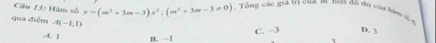 Hàm số y=(m^2+3m-3)x^2;(m^2+3m-3!= 0) Tổng các giả trị của m. điết đô thị của hàm số 4
qua điểm A(-1;1) □ 
D. 3
A. 1
B. -l C. -3