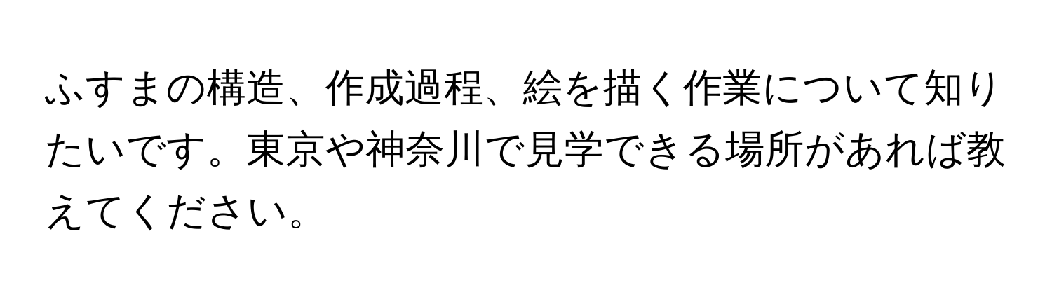 ふすまの構造、作成過程、絵を描く作業について知りたいです。東京や神奈川で見学できる場所があれば教えてください。