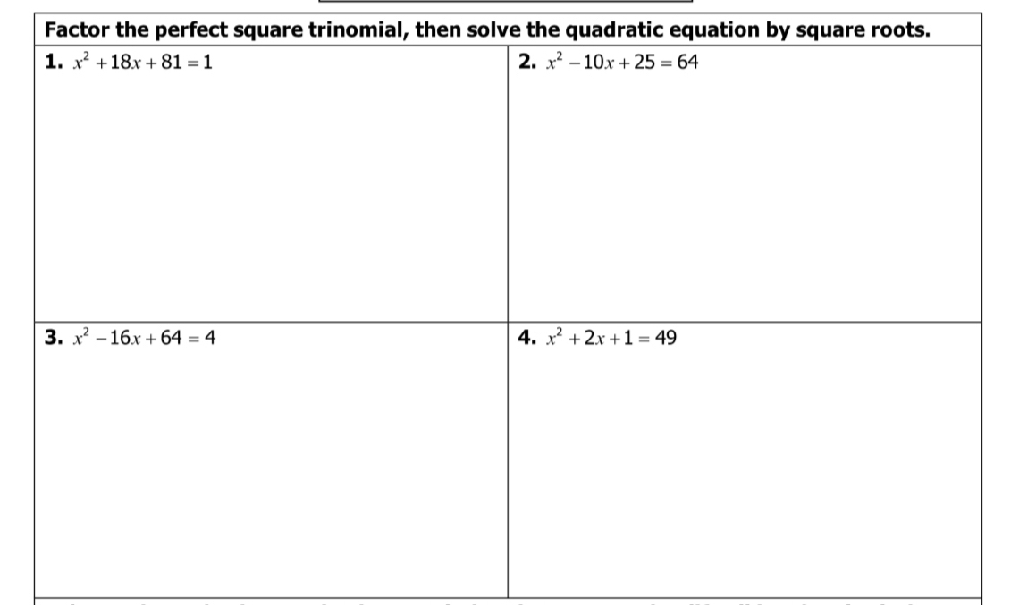 Factor the perfect square trinomial, then solve the quadratic equation by square roots