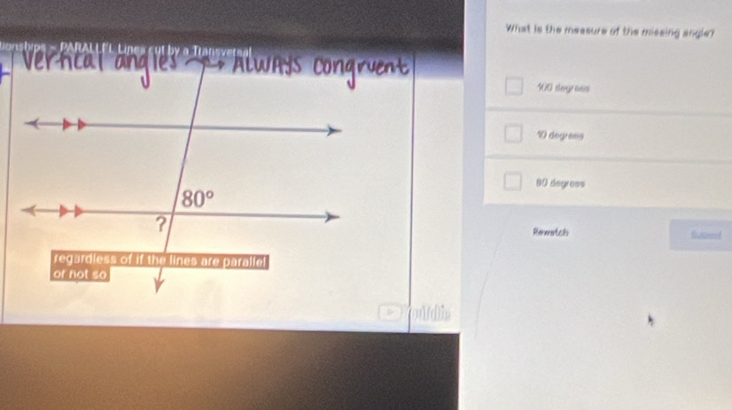 What is the messure of the missing angle?
anshp   PPAL LFL Line  c   b y a T
100 degress
10 degrees
B0 degress
Rewarich Gumend