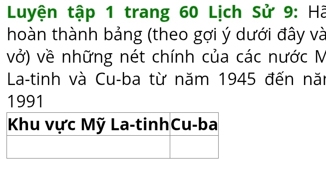 Luyện tập 1 trang 60 Lịch Sử 9: Hã 
hoàn thành bảng (theo gợi ý dưới đây và 
vở) về những nét chính của các nước M 
La-tinh và Cu-ba từ năm 1945 đến năn 
1991